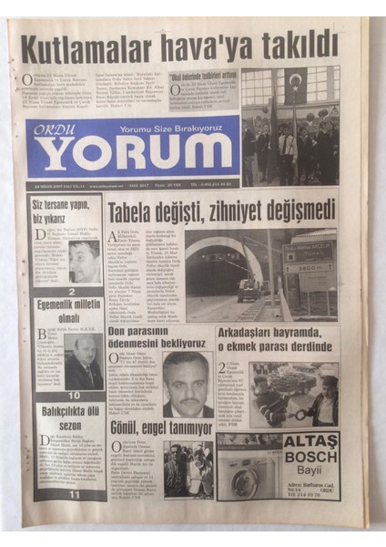 Ordu Yorum Gazetesi 24 Nisan 2007 - Tabela Değişti Zihniyet Değişmedi GZ23259