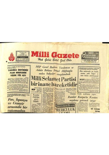 Milli Gazete Gazetesi 7 Kasım 1975 - Dünya Sağlık Teşlilatı Menenjit Salgınına Karşı Alarm Verdi - Adanada 500 Yataklı Akıl Hastahanesi Yapılıyor GZ98578