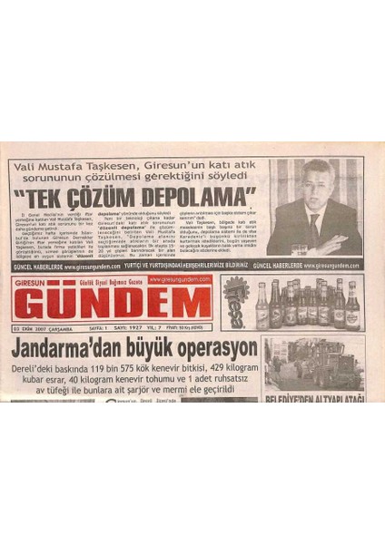 Giresun Gündem Gazetesi 3 Ekim 2007 - Vali Mustafa Taşkesen , Giresunun Katı Atık Sorununun Çözülmesi Gerektiğini Söyledi GZ96309