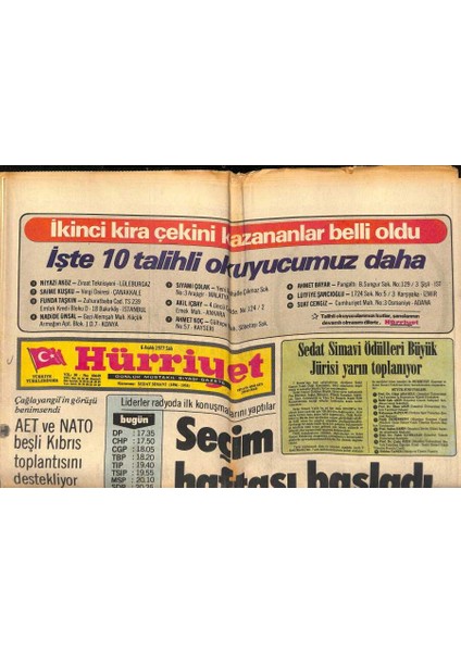 Hürriyet Gazetesi 6 Aralık 1977 - Özkanın Cenazesinde Demirel Ağladı - Sedat Simavi Ödülleri Büyük Jürisi Yarın Toplanıyor GZ119076