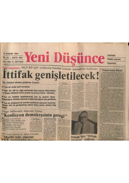 Yeni Düşünce Gazetesi 15 Kasım 1991 - Karabağ Kan Gölü - Iran Yönetimi Sarsılıyor GZ122763