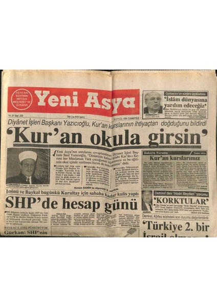 Yeni Asya Gazetesi 29 Eylül 1990 - Kuran Okula Girsin GZ104266