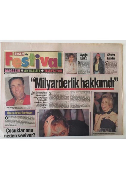 Akşam Gazetesi Festival Eki 20 Eylül 1994 - Kemal Sunal En Çok Filmi Yayınlananlar Arasında Yurdışında Olsaydım Milyar Içinde Yüzüyordum Diyor , Hülya Avşarın Yeni Kaseti GZ20491