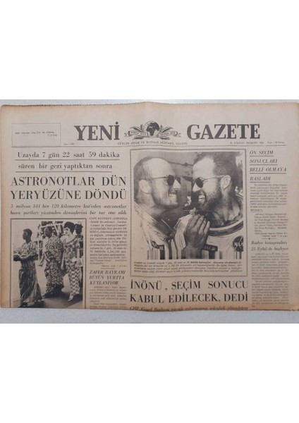 Yeni Gazete - 30 Ağustos 1965 - Astronotlar Yeryüzüne Döndü, Komünist Ülkeler Ganayı Çok Zor Bir Duruma Soktu GZ111850