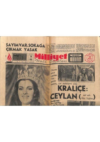 Milliyet Halk Gazetesi 25 Ekim 1970 - 1970 Güzellik Kraliçesi Afet Tuğbay ( Ceylân ) - Galatasaray Beşiktaş Iki Puanı Paylaştı 1 - 1 GZ121608