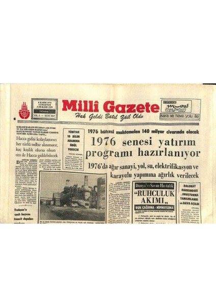 Milli Gazete Gazetesi 8 Kasım 1975 - Trabzona Canlı Hayvan Transit Depoları Yapılıyor GZ98814