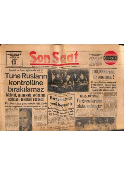Son Saat Gazetesi 12 Ağustos 1948 - Bernadotteun Yeni Beyanatı - Tuna Rusların Kontrolüne Bırakılamaz GZ119253