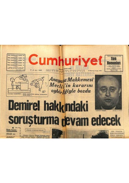 Cumhuriyet Gazetesi - 19 Haziran 1970 - Demirel Hakkındaki Soruşturma Devam Edecek GZ99438