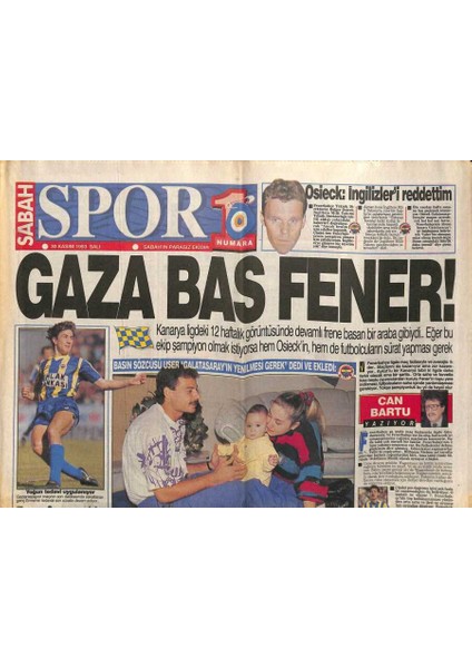 Sabah Gazetesi Spor Eki 30 Kasım 1993 - Trabzonda Her Şey Silbaştan, Fenerbahçede Nielsen,tayfur,emreye Samsunda Kart Yasak GZ95069