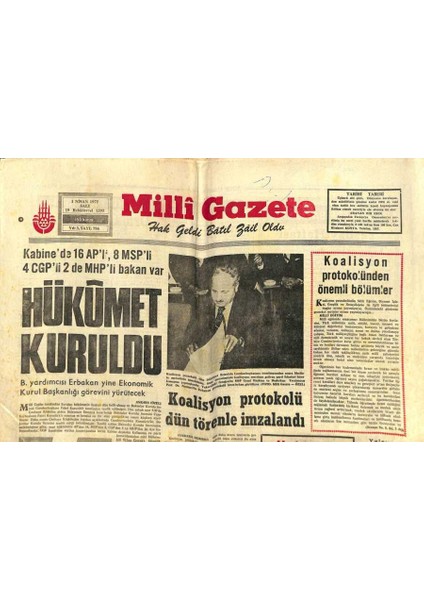 Milli Gazete Gazetesi 1 Nisan 1975 - Kabinede 16 Apli , 8 Mspli 4 Cgpli 2de Mhpli Bakan Var GZ98671