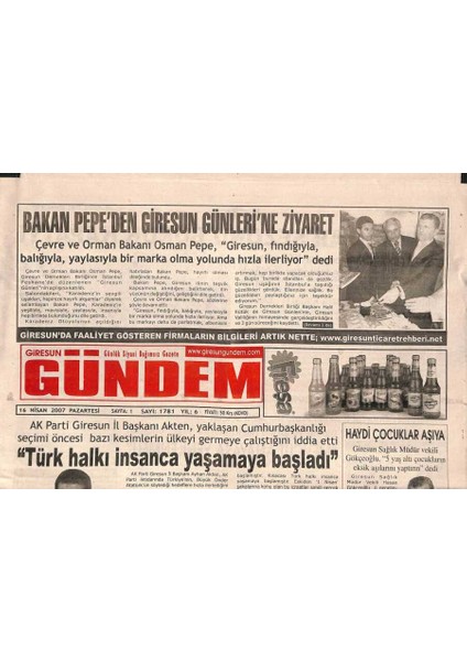 Giresun Gündem Gazetesi 16 Nisan 2007 - Bakan Pepeden Giresun Günlerine Ziyaret GZ96089