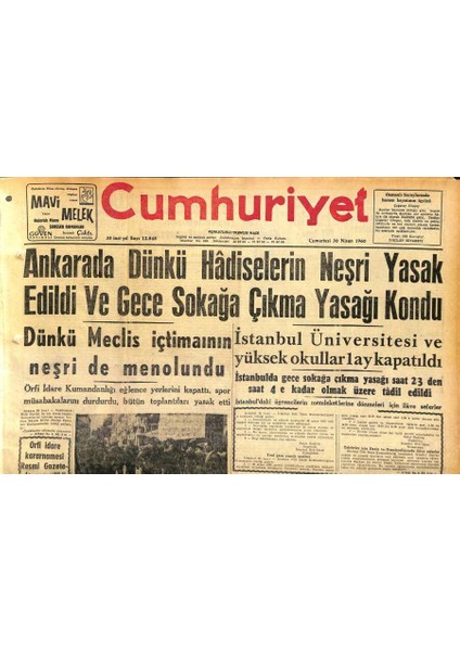 Cumhuriyet Gazetesi 30 Nisan 1960 - Ankarada Dünkü Hadiselerin Neşri Yasak Edildi ve Sokağa Çıkma Yasağı Kondu GZ120029
