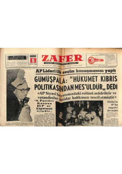Zafer Gazetesi - 6 Nisan 1964 - Gümüşpala Hükümet Kıbrıs Politikasından Mesuldür Dedi GZ110379