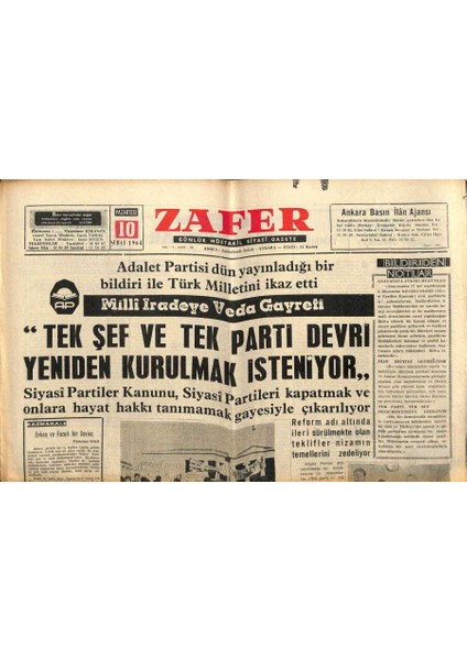 Zafer Gazetesi - 10 Şubat 1964 - Fazıl Küçük Kıbrıs Için Tek Çıkar Yol Taksimdir GZ110398