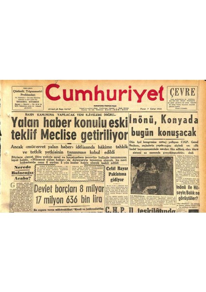 Cumhuriyet Gazetesi 7 Şubat 1960 - Salâhaddin Pınar Dün Vefat Etti - Celâl Bayar Pakistana Gidiyor GZ119988