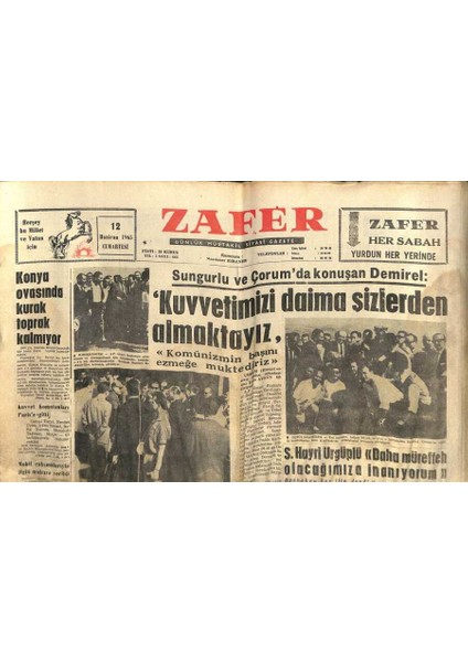Zafer Gazetesi - 12 Haziran 1965 - Konya Ovasında Kurak Toprak Kalmıyor GZ110438