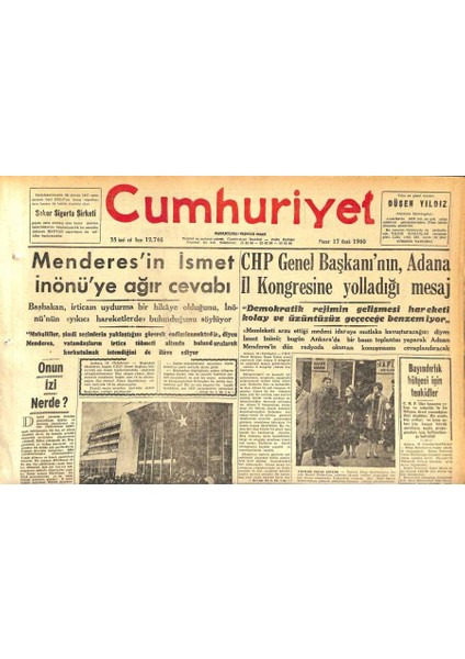 Cumhuriyet Gazetesi 17 Ocak 1960 - Menderesin Ismet Inönüye Ağır Cevabı - Kıbrıs Konferansı Londrada Açıldı GZ119950