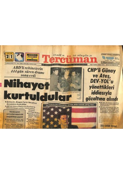 Tercüman Gazetesi 21 Ocak 1981 - Abd Tarihinin En Yaşlı Başkanı Göreve Başladı - Arda Vural Istifa Etti GZ123514