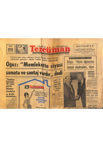Tercüman Gazetesi 31 Ocak 1965 - Papa Türk Dostluğu Için Inebahtı Savaşında Türklerden Alınan Bayrağı Ilan Etti. - Winston Churchill Öldü. GZ123631