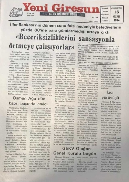 Yeni Giresun Gazetesi 16 Haziran 1994 Osman Ağa Dün Mezarı Başında Anıldı GZ25972