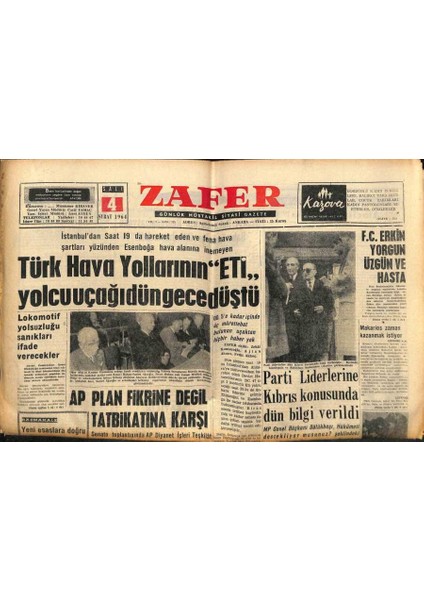 Zafer Gazetesi - 4 Şubat 1964 - Türk Hava Yollarının Eti Yolcu Uçağı Dün Gece Düştü GZ110405