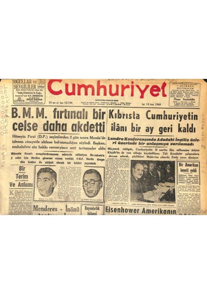 Cumhuriyet Gazetesi 19 Ocak 1960 - Kıbrısta Cumhuriyetin Ilanı Bir Ay Geri Kaldı GZ119948