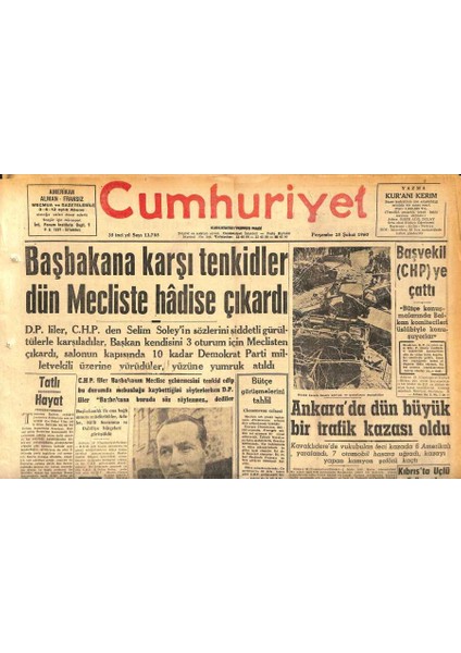 Cumhuriyet Gazetesi 25 Şubat 1960 - Necip Fazıl Kısakürek Dün 5 Yıl 2 Ay 15 Gün Hapse Mahkum Oldu GZ119968