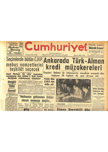 Cumhuriyet Gazetesi 13 Mart 1960 - Ankarada Türk-Alman Kredi Müzakereleri - Vehbi Koç Chpden Istifa Etti GZ120016