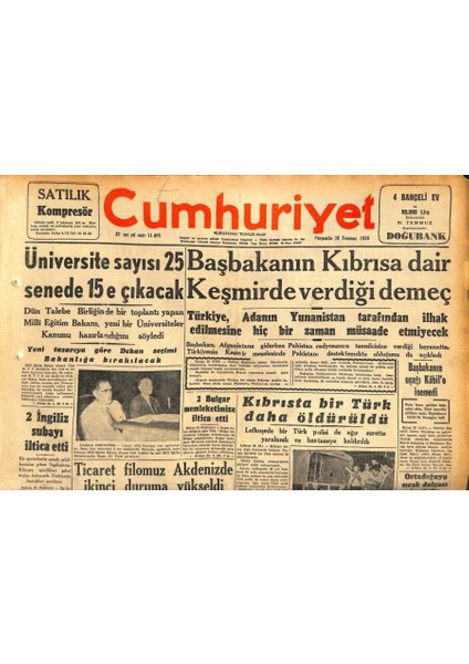 Cumhuriyet Gazetesi 26 Temmuz 1956 - Türk Ortodoks Kilisesi Ile Patrikhane Ihtilafta - Ticaret Filomuz Akdenizde Ikinci Duruma Yükseldi GZ120039