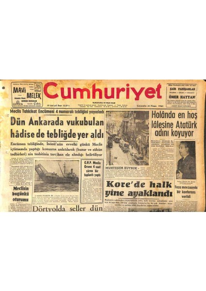 Cumhuriyet Gazetesi 20 Nisan 1960 - Holânda En Hoş Lalesine Atatürk Adını Koyuyor - Side Müzesini Soyanlar Ağırcezada 10 Mayıs Günü Yargılanacaklar GZ120046