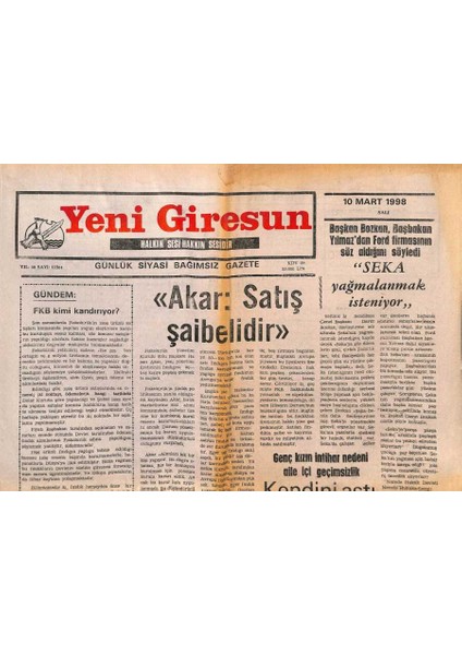 Yeni Giresun Gazetesi 10 Mart 1998 - Akar Satış Şaibelidir GZ107889