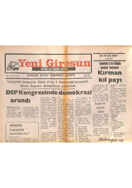 Yeni Giresun Gazetesi 29 Eylül 1997 - Dsp Kongresinde Demokrasi Arandı GZ107890