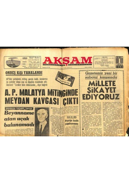 Akşam Gazetesi - 1 Ekim 1965 - Ap Malatya Mitinginde Meydan Kavgası Çıktı GZ99895