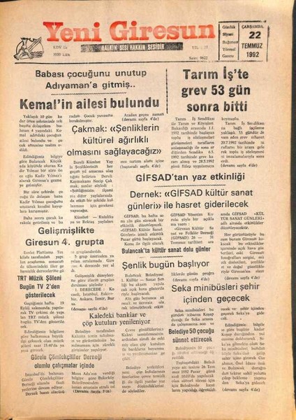 Yeni Giresun Gazetesi 22 Temmuz 1992 - Tarım Işte Grev 53 Gün Sonra Bitti GZ108006