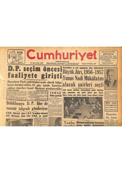 Cumhuriyet Gazetesi 29 Haziran 1957 - Büyük Jüri , 1956-1957 Yunus Nadi Mükafatını Alacak Şairleri Seçti GZ119901