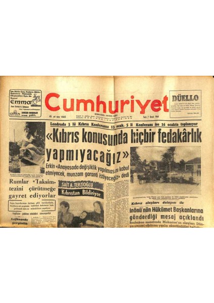 Cumhuriyet Gazetesi - 7 Ocak 1964 - Kıbrıs Konusunda Hiçbir Fedakarlık Yapmayacağız GZ99563