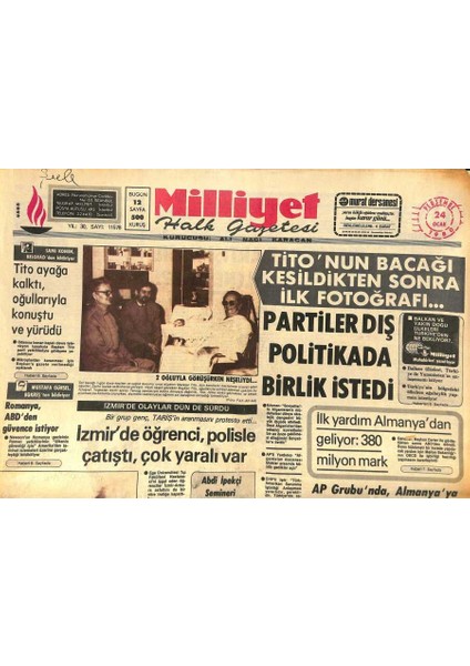 Milliyet Halk Gazetesi 24 Ocak 1980 - Baştürk ve Arkadaşlarının Cezası Arttı - Titonun Bacağı Kesildikten Sonra Ilk Fotoğrafı... GZ123206