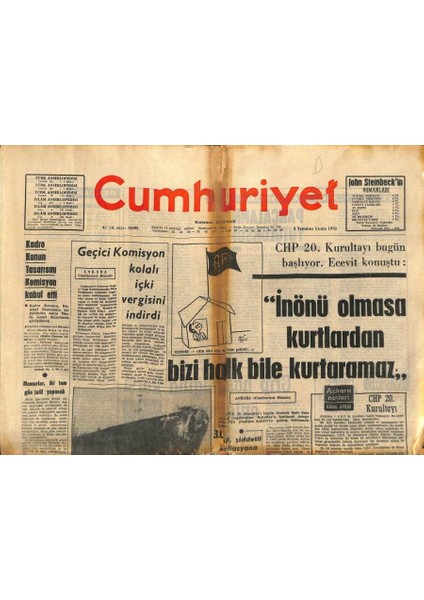 Cumhuriyet Gazetesi 3 Temmuz 1970 - Itü Yurdu Iki Kez Arandı - Sivasta Deprem 150 Ev Yıkıldı , Bir Kadın Öldü GZ123220