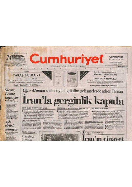 Cumhuriyet Gazetesi 9 Mayıs 2000 - Deniz Gezmişin Öyküsü - Iranda Gerginlik Kapıda GZ109941