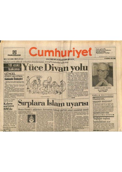 Cumhuriyet Gazetesi 19 Haziran 1992 - Sırplara Islam Uyarısı - Yunan Savaş Uçağı Ege Denizine Düştü GZ123161