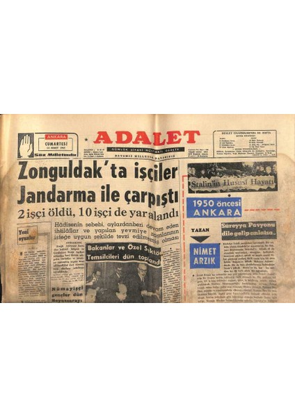 Adalet Gazetesi 13 Mart 1965 - Suruçta Büyük Meydan Kavgası - Zonguldakta Işçiler Jandarma Ile Çarpıştı GZ121693