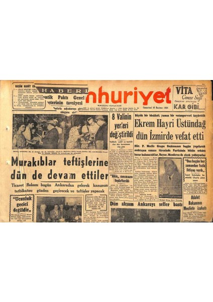 Cumhuriyet Gazetesi 16 Haziran 1956 - Kasım Gülek Bu Akşam Ankaraya Hareket Ediyor - Dün Akşam Ankarayı Seller Bastı GZ119800