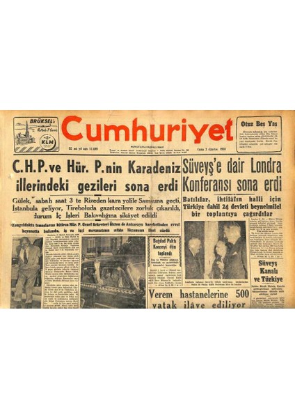 Cumhuriyet Gazetesi 3 Ağustos 1956 - Verem Hastanelerine 500 Yatak Ilave Ediliyor - Ortaköyde Büyük Bir Koru ve 1 Köşk Yandı GZ119814