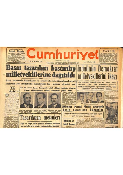 Cumhuriyet Gazetesi 1 Haziran 1956 - Para Kıymetinin Düşüş Sebepleri - Inönünün Demokrat Milletvekillerini Ikazı GZ119770