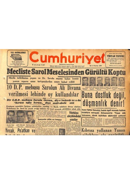 Cumhuriyet Gazetesi 19 Haziran 1956 - Yemen Veliahdı Kremlinde - Mecliste Sarol Meselesinden Gürültü Koptu GZ119803