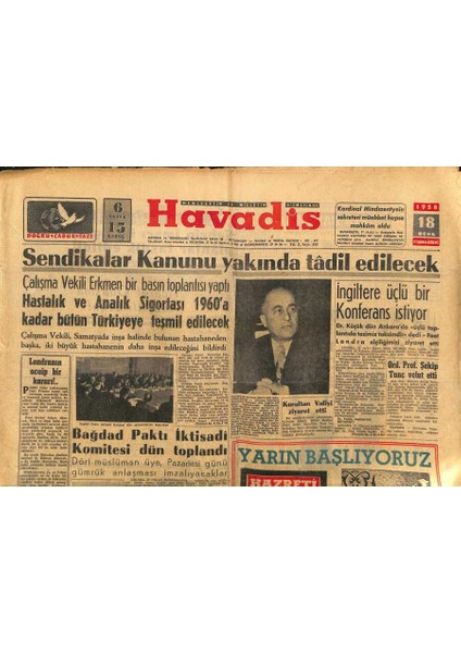 Havadis Gazetesi 18 Ocak 1958 - Sarah Churchill 50 Dolara Mahkum Oldu - Bağdat Paktı Iktisadi Komitesi Dün Toplandı GZ122010