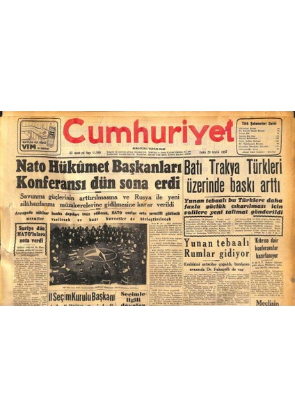 Cumhuriyet Gazetesi 20 Aralık 1957 - Gazeteciler Sendikası Soyuldu - Batı Trakya Türkleri Üzerinde Baskı Arttı GZ119753