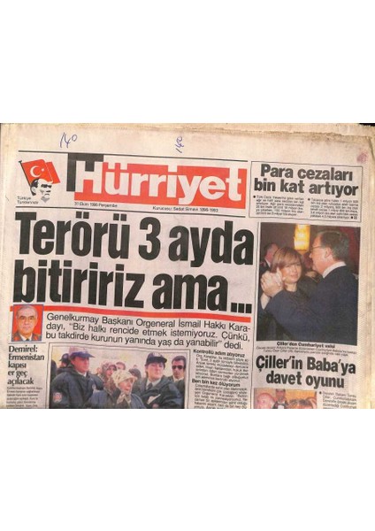 Hürriyet Gazetesi 31 Ekim 1996 - Çillerin Babaya Davet Oyunu - Türkmenler Kuzey Irak Için Masada GZ96827