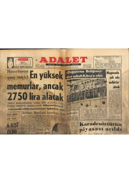 Adalet Gazetesi 30 Mart 1965 - Trt Kanunu Değiştirilecek - Magosada Çok Sıkı Tedbirler Alındı GZ121757