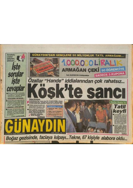 Günaydın Gazetesi 28 Mayıs 1990 - Turgut Özalı Korkutan Hande Iddiası, Tanju Çolak Hülya Avşar Aşkı, Azerbaycan Bağımsızlık Ilan Etti, Müjde Ar GZ126429